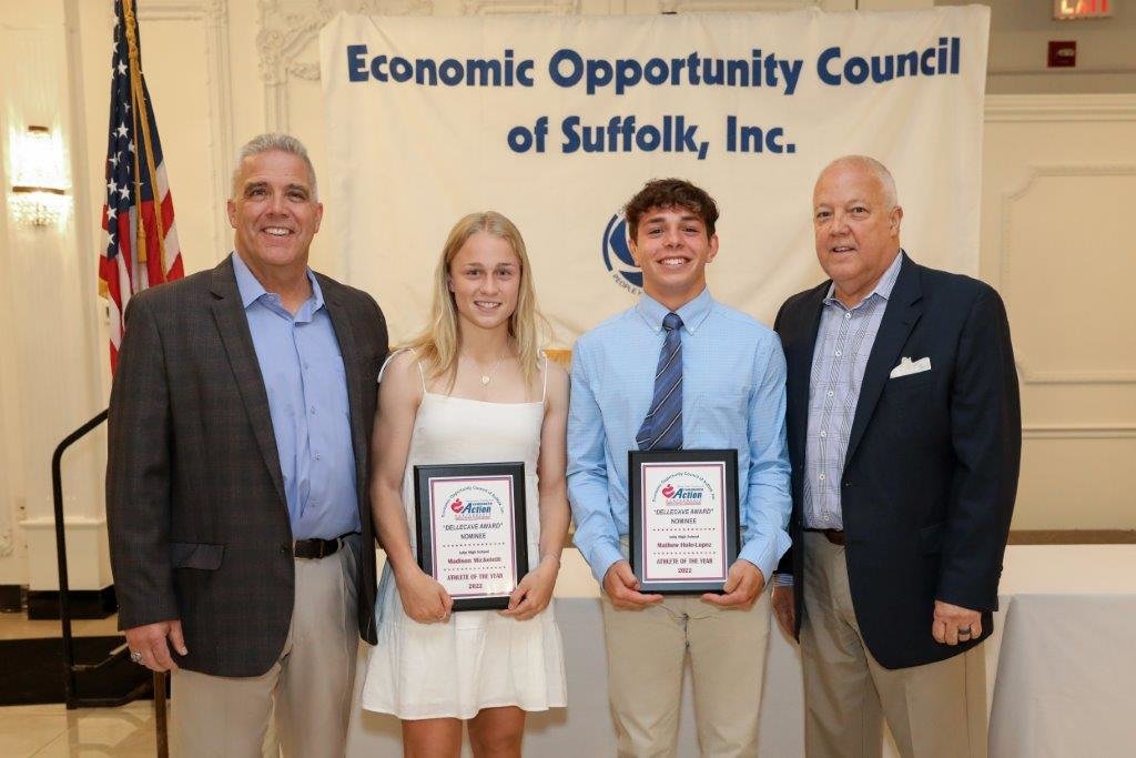 Islip High School nominees Madison Micheletti and Mathew Hole-Lopez are flanked by Dellecave Foundation co-directors (left) Mark Dellecave and (right) Guy Dellecave.